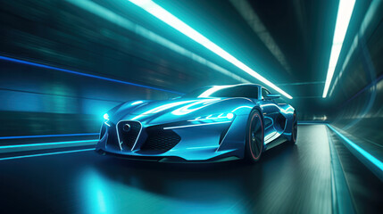 Sports Car On Neon Highway. Powerful acceleration of a supercar with colorful lights and trails. generative AI.