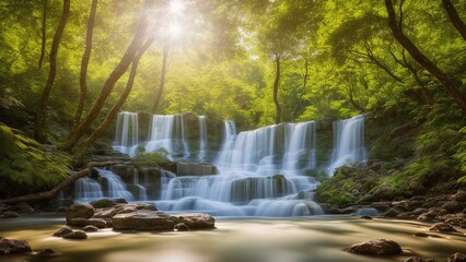 A Gorgeous Waterfall In The Middle Of A Forest With Rocks And Trees AI Generative