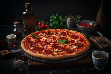 Obraz na płótnie Canvas Pizza on pan with knife, pepperoni, basil, olive oil, and pepper shakers. Generative AI