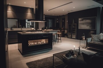 A modern living room houses a gas stove. Generative AI