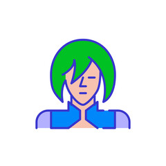 Obraz na płótnie Canvas Anime guy with green hair. Bold color cartoon style simplistic minimalistic icon for marketing and branding line design