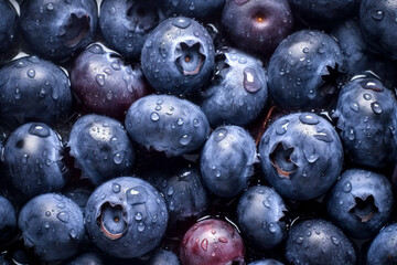 Blueberry berries close up, texture. Summer, vitamin, vegetarian, vegan, healthy food concept. Fresh blueberries with water drops background. AI generated image