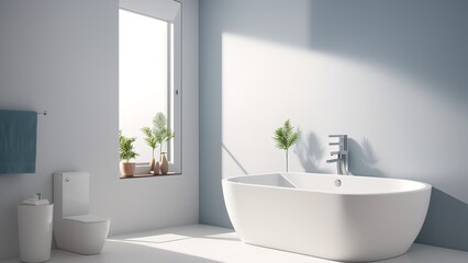 An Interesting White Bathtub In A Bathroom With A Window AI Generative