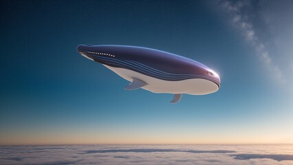Naklejka na ściany i meble A Daring Looking Whale Flying In The Sky Above The Clouds AI Generative