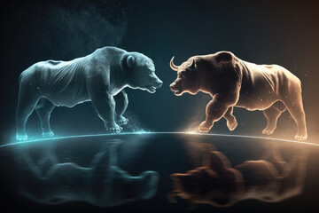 Bull and bear fighting, concept of stock market exchange or financial technology, Generative AI