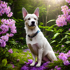 portrait dog in flowers in a mystical forest