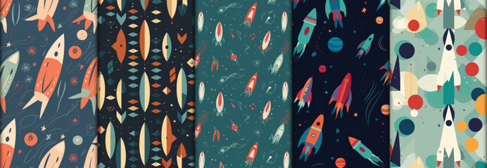 The Shameless spaceship background pattern set design.Shameless Rocket pattern design set. colorful blue color spaceship rocket background pattern. Textile fabric spaceship rocket pattern.  © Ridoy-Art 
