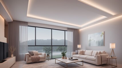 Fototapeta premium A Vivid Rendering Of A Living Room With A Large Window AI Generative