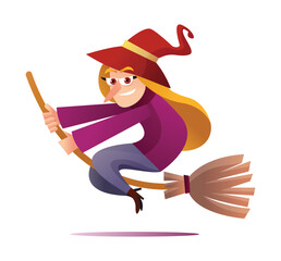 Witch character flying on broomstick cartoon illustration isolated on white background