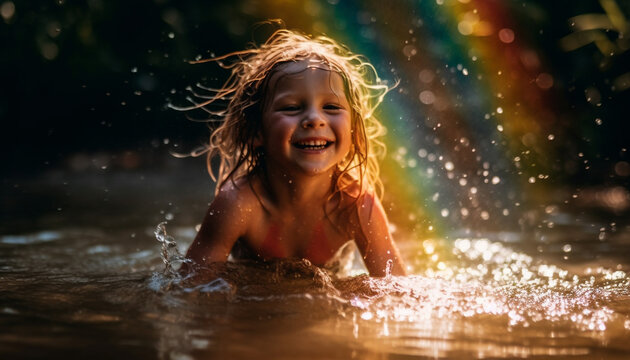 Smiling girls playing in the summer water generated by AI