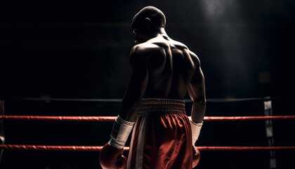Fototapeta na wymiar Muscular men practicing kickboxing in dark gym generated by AI