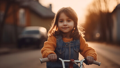 Smiling girl cycling in nature at sunset generated by AI