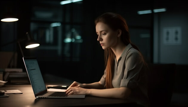 Caucasian Woman Working Late On Laptop Indoors Generated By AI