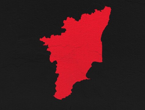 Tamil Nadu red map on isolated black textured background. High quality coloured map of Tamil Nadu, India.