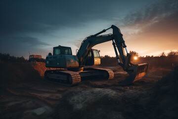 Construction excavator at dusk. Generative AI