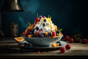 Fototapeta na wymiar Sundae with fruit and berries on blue plate and beige bg w/ sundae shadow. Generative AI