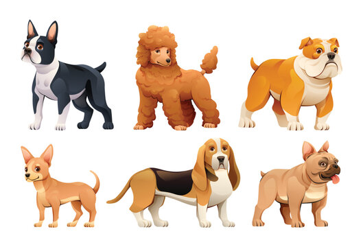 Collection of different dog breeds in cartoon style
