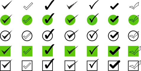 Green check mark and red cross icon set. Circle and square. Tick symbol in green color, vector illustration.