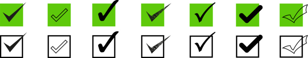 Green check mark and red cross icon set. Circle and square. Tick symbol in green color, vector illustration.