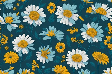 Seamless flower and leaf patterns, messy daisies theme, repeating patterns, fabric design, flat illustration, highly detailed clean, vector image, photorealistic masterpiece, generative AI