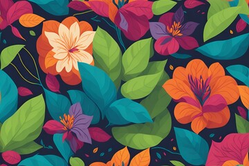 Seamless flower and leaf patterns, rainbow theme, repeating patterns, fabric design, flat illustration, highly detailed clean, vector image, photorealistic masterpiece, generative AI