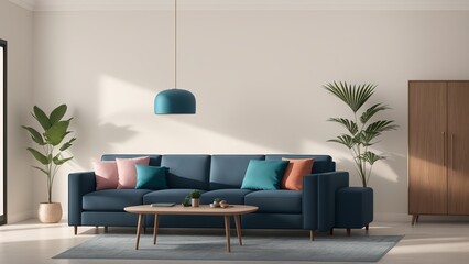 A Unique Living Room With A Blue Couch And A Wooden Coffee Table AI Generative