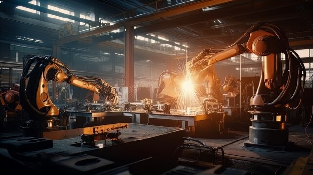 Robotic arms working at the futuristic factory industrial welding robots AI Generate