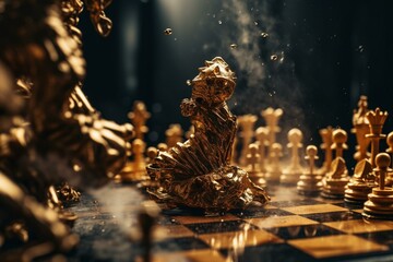 Chess game with golden king on board, surrounded by falling pieces, represents competition victory and strategy. Generative AI