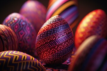 Colorful Easter egg background with 3D render in purple, red, and yellow with striped and diamond patterns. Generative AI