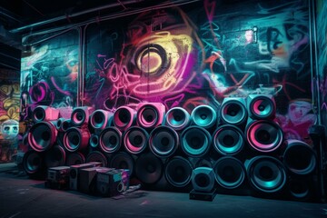 A futuristic wall covered in neon graffiti of speakers. Generative AI