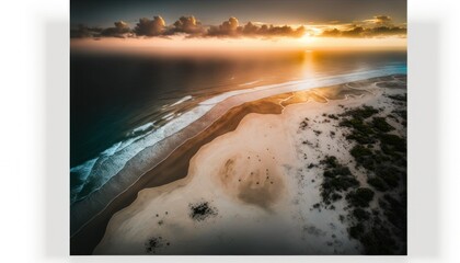 A breathtaking aerial view of the Beach Sunrise captured during the serene hours, with a touch of fantasy, making it the perfect background wallpaper for your devices Generative AI
