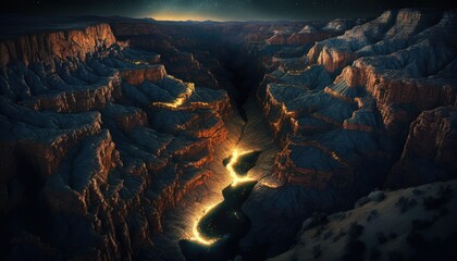 Fantasy meets serenity in this beautiful aerial Canyon Nighttime view featuring the tranquil hours, perfect as a background wallpaper for your devices Generative AI