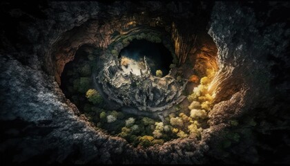 Fantasy meets serenity in this beautiful aerial Cave Afternoon view featuring the tranquil hours, perfect as a background wallpaper for your devices Generative AI