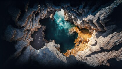Serenity: A breathtaking aerial view of the tranquil Cave Midday during the serene hours, with a touch of fantasy, creating the perfect background wallpaper for your devices Generative AI