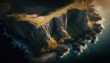 Majestic  Cliff Afternoon : A Stunning Aerial View with a Touch of Fantasy, Perfect as a Background Wallpaper for Your Devices. Breathtaking Serenity Captured in Every Detail Generative AI