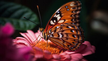 Plakat Butterfly wing and flower petal in focus generated by AI