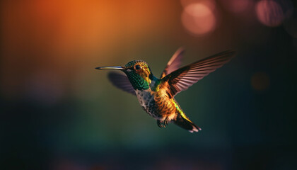Fototapeta premium Hovering hummingbird flaps iridescent wings mid air generated by AI