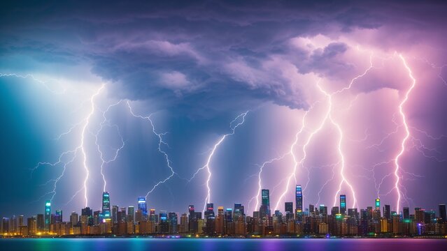 A Dreamy Image Of A City Skyline With Lightning In The Sky AI Generative