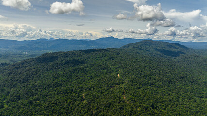 Obraz premium Aerial view of tropical landscape with rainforest and jungle. Borneo, Malaysia.