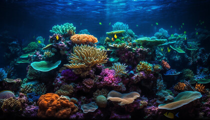 Tropical fish swim in natural coral reef generated by AI