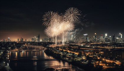 Illuminated city skyline explodes with vibrant fireworks generated by AI