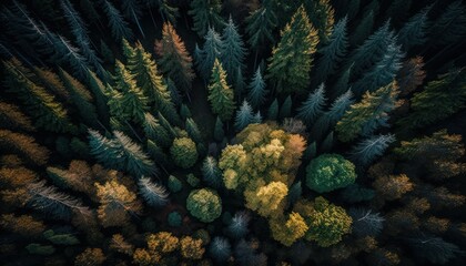 Obraz na płótnie Canvas Fantasy meets serenity in this beautiful aerial Forest Afternoon view featuring the tranquil hours, perfect as a background wallpaper for your devices Generative AI