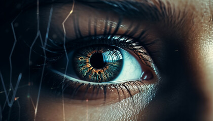 Fototapeta premium Blue eyed woman staring at camera in close up generated by AI