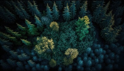 Fototapeta na wymiar Majestic Forest Evening : A Stunning Aerial View with a Touch of Fantasy, Perfect as a Background Wallpaper for Your Devices. Breathtaking Serenity Captured in Every Detail Generative AI