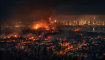 Fototapeta na wymiar Glowing skyscraper ignites inferno in cityscape generated by AI