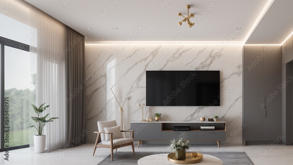 Wall mural A Stunning Living Room With A Large Flat Screen Tv And A Marble Wall AI Generative