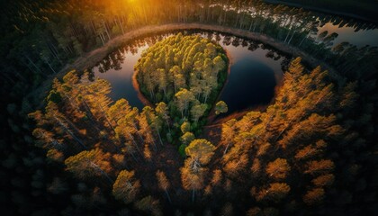 Fototapeta na wymiar Majestic Forest Sunset : A Stunning Aerial View with a Touch of Fantasy, Perfect as a Background Wallpaper for Your Devices. Breathtaking Serenity Captured in Every Detail Generative AI
