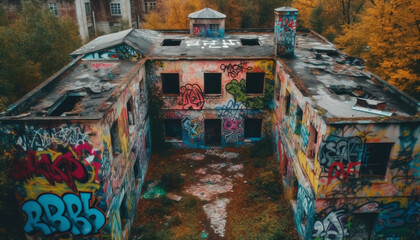 Fototapeta premium Spooky old ruin in ghetto with graffiti generated by AI
