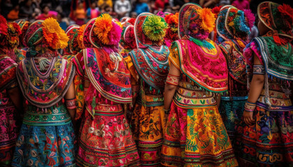 Vibrant colors adorn traditional clothing in parade generated by AI