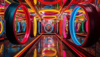 Fototapeta premium Spinning circle of vibrant colors illuminates modern machinery generated by AI
